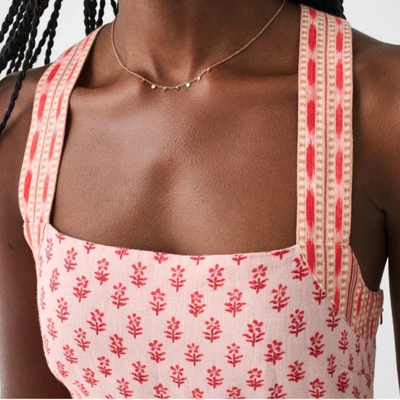 New Faherty Floral Block Multiprint Sm 4/6 Pink Linen Halter Criss-Cross Maxi - Picture 13 of 14